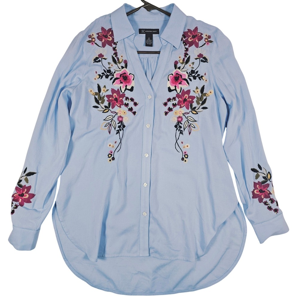 INC International Concepts Womens Blue Floral Embroidered Button Up‎ Blouse M
